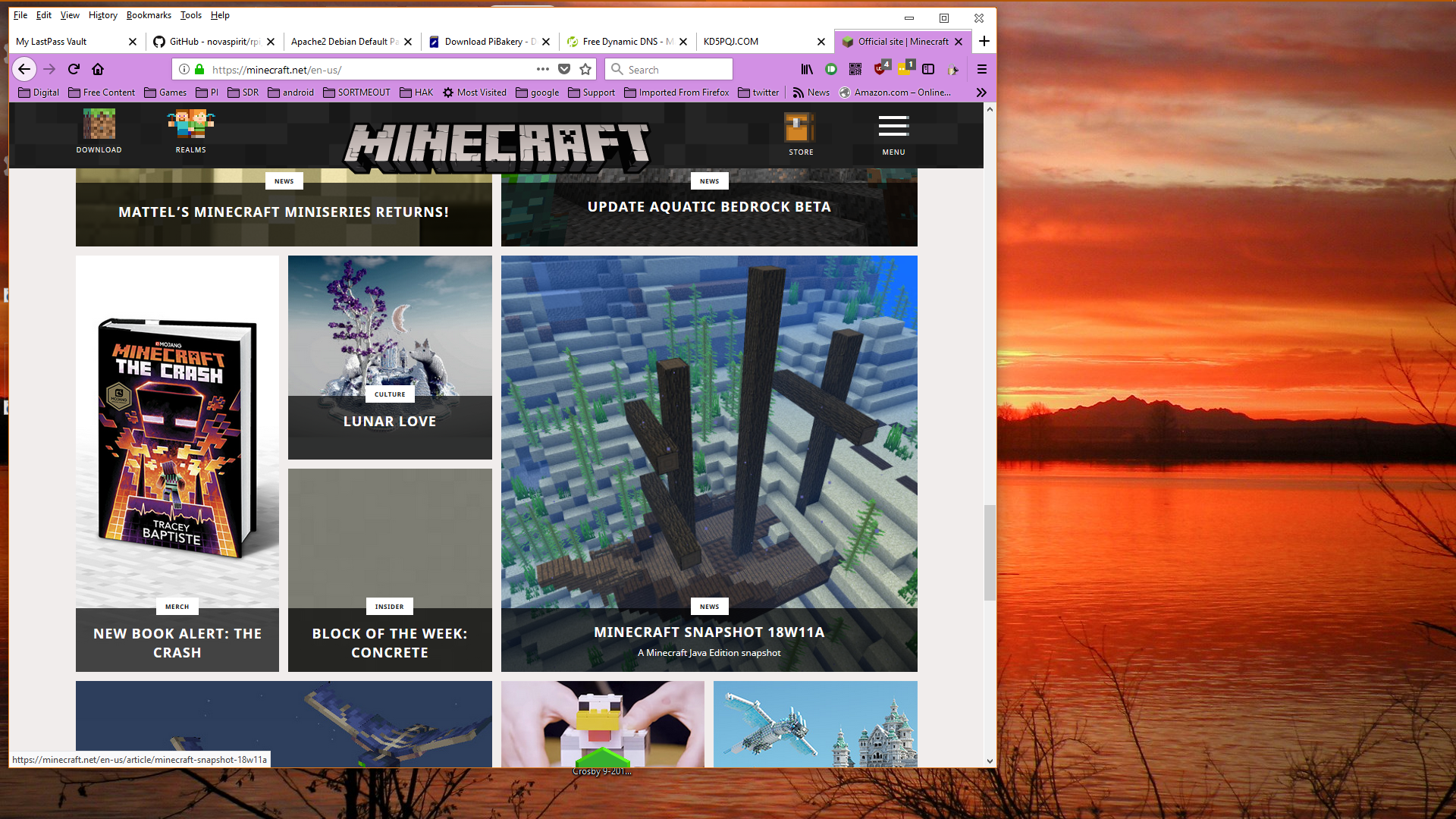 Image of minecraft.net home page scrolled to link to 18w11A page